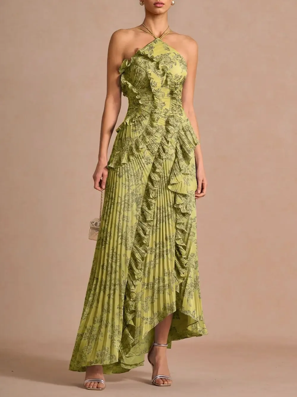 Finneas Olive Green Halter Pleated Maxi Dress - OWNCI
