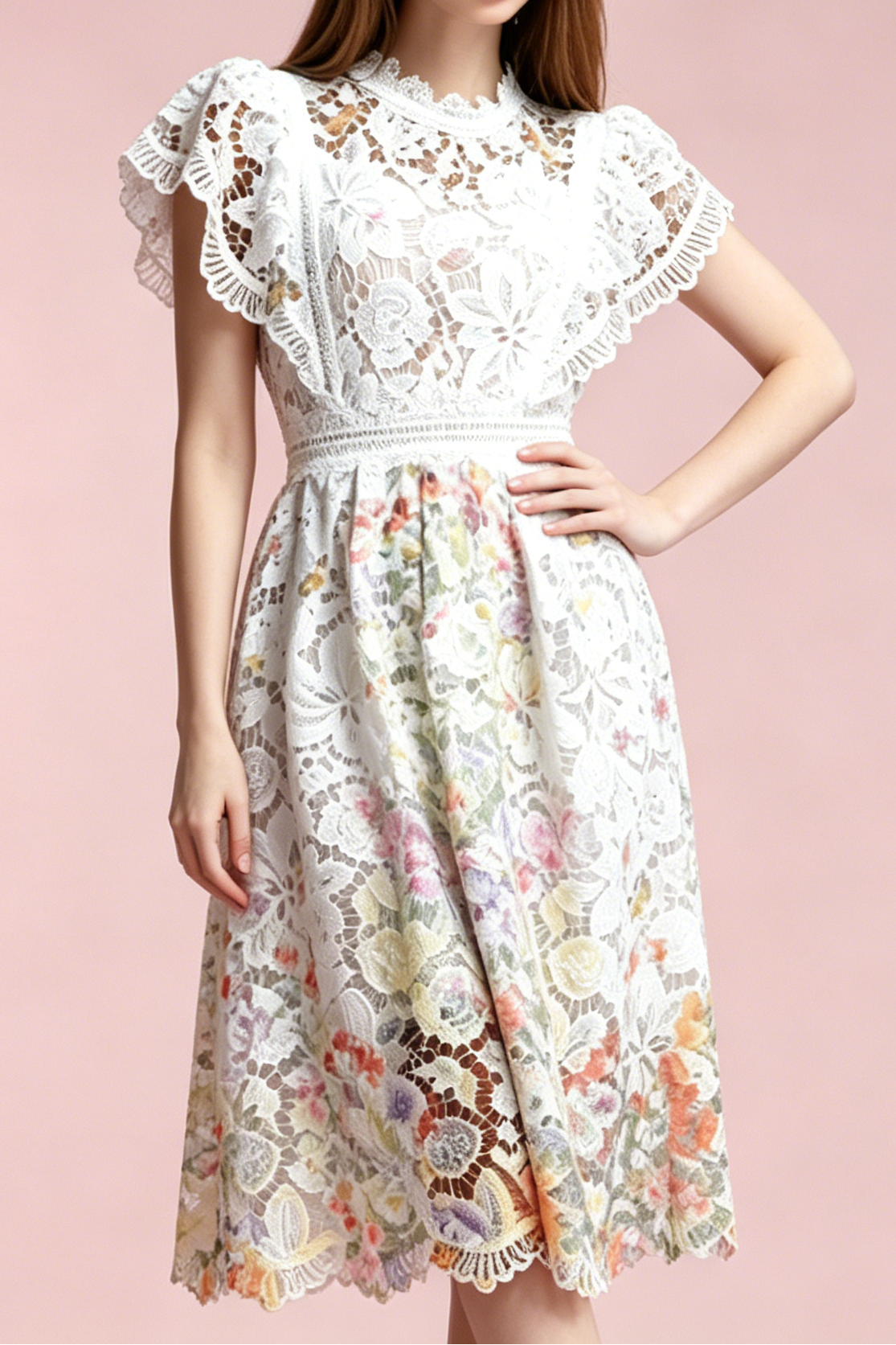 White Hollow Floral Lace Cap Sleeve Colorful Floral Lined A-Line Midi Dress - OWNCI White Hollow Floral Lace Cap Sleeve Colorful Floral Lined A-Line Midi Dress - OWNCI