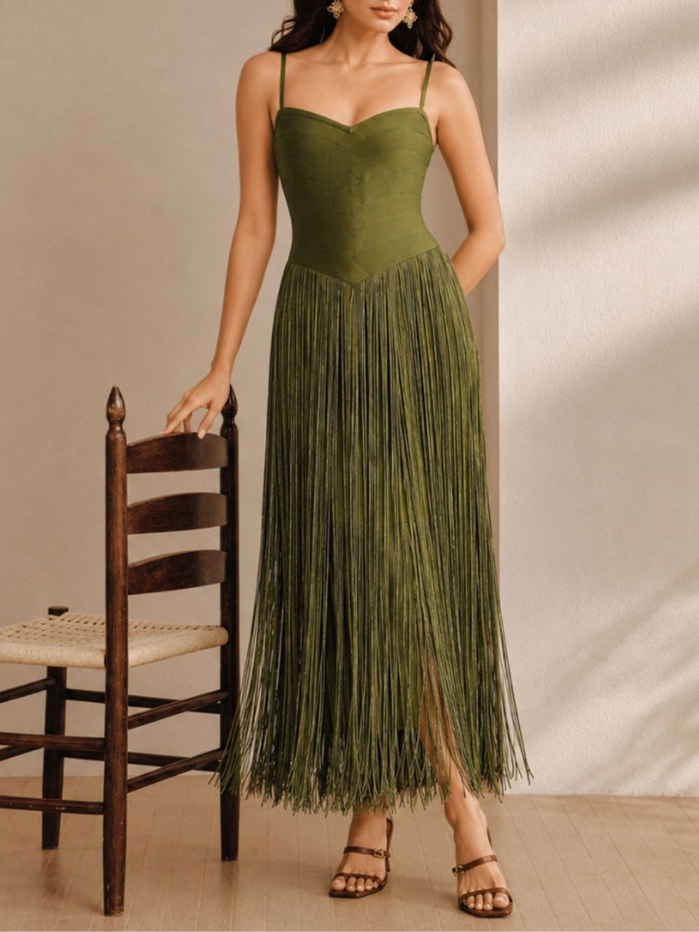 Manette Green Spaghetti Tassel Maxi Dress - OWNCI Manette Green Spaghetti Tassel Maxi Dress - OWNCI