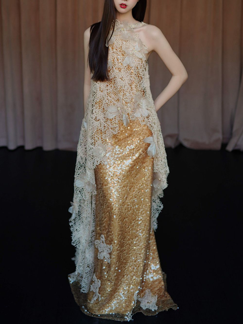 Masen Gold Halter Flower Sequin Maxi Dress - OWNCI Masen Gold Halter Flower Sequin Maxi Dress - OWNCI