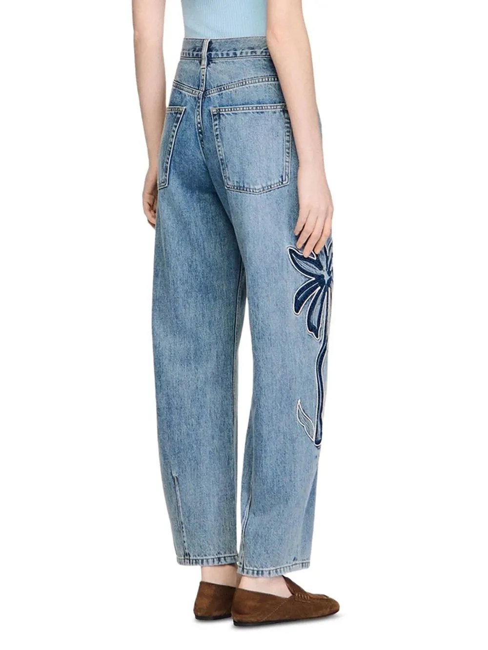Palm Embroidered Wide Leg Barrel Jeans in Blue Jean - OWNCI