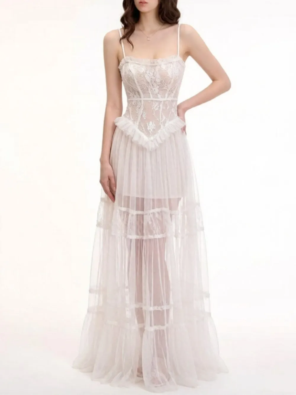 Marija White Spaghetti Mesh Maxi Dress - OWNCI Marija White Spaghetti Mesh Maxi Dress - OWNCI