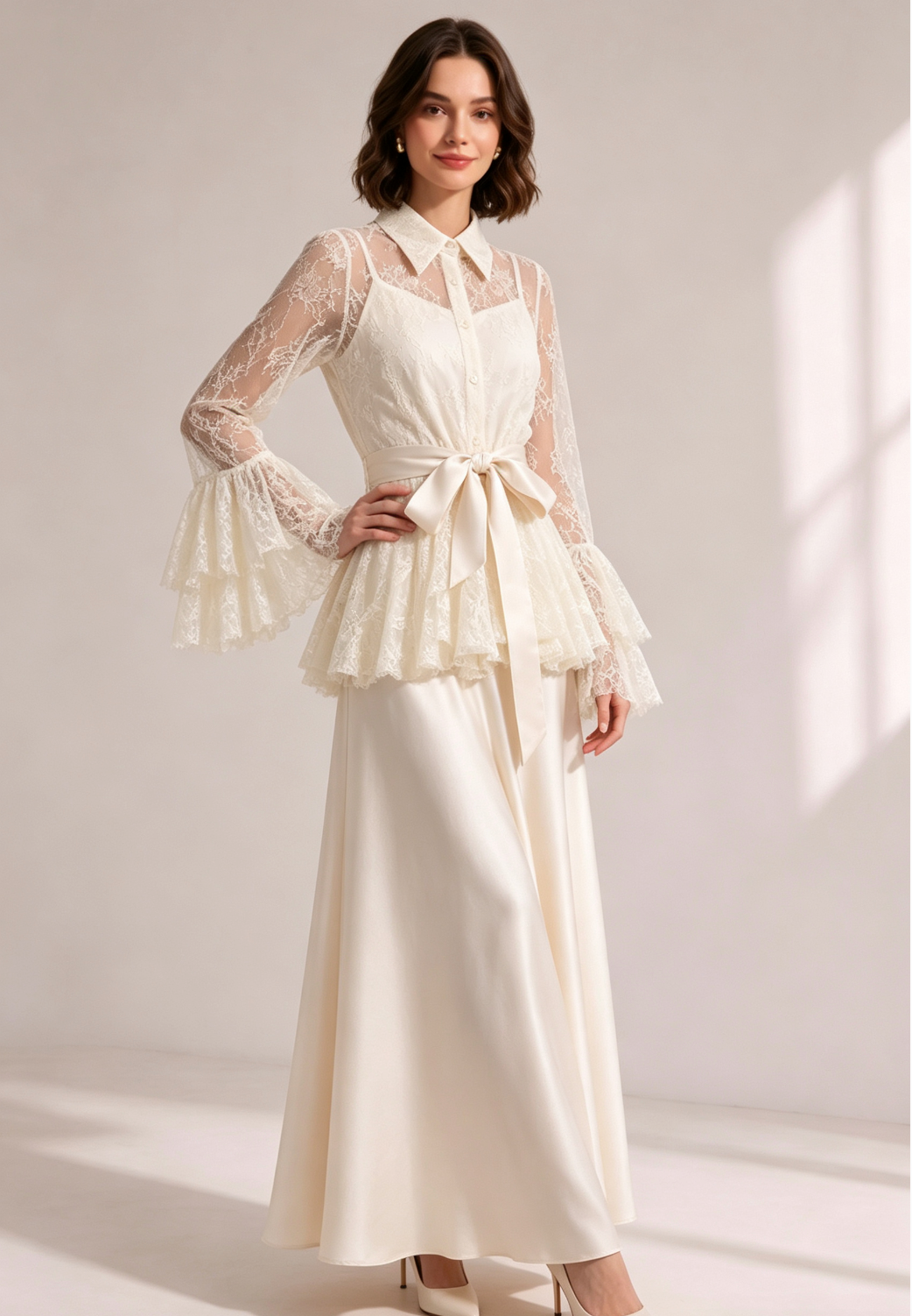 Cream Lace Flare Sleeve Shirt Top Satin Cami Sash Belt Wide Leg Maxi Pants Three-Piece Set - OWNCI