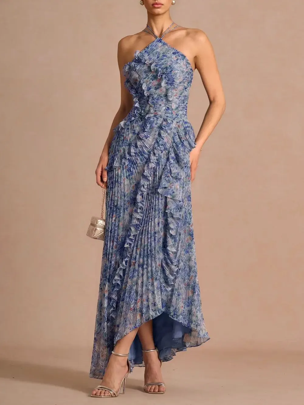 Finneas Purple Floral Halter Pleated Maxi Dress - OWNCI Finneas Purple Floral Halter Pleated Maxi Dress - OWNCI