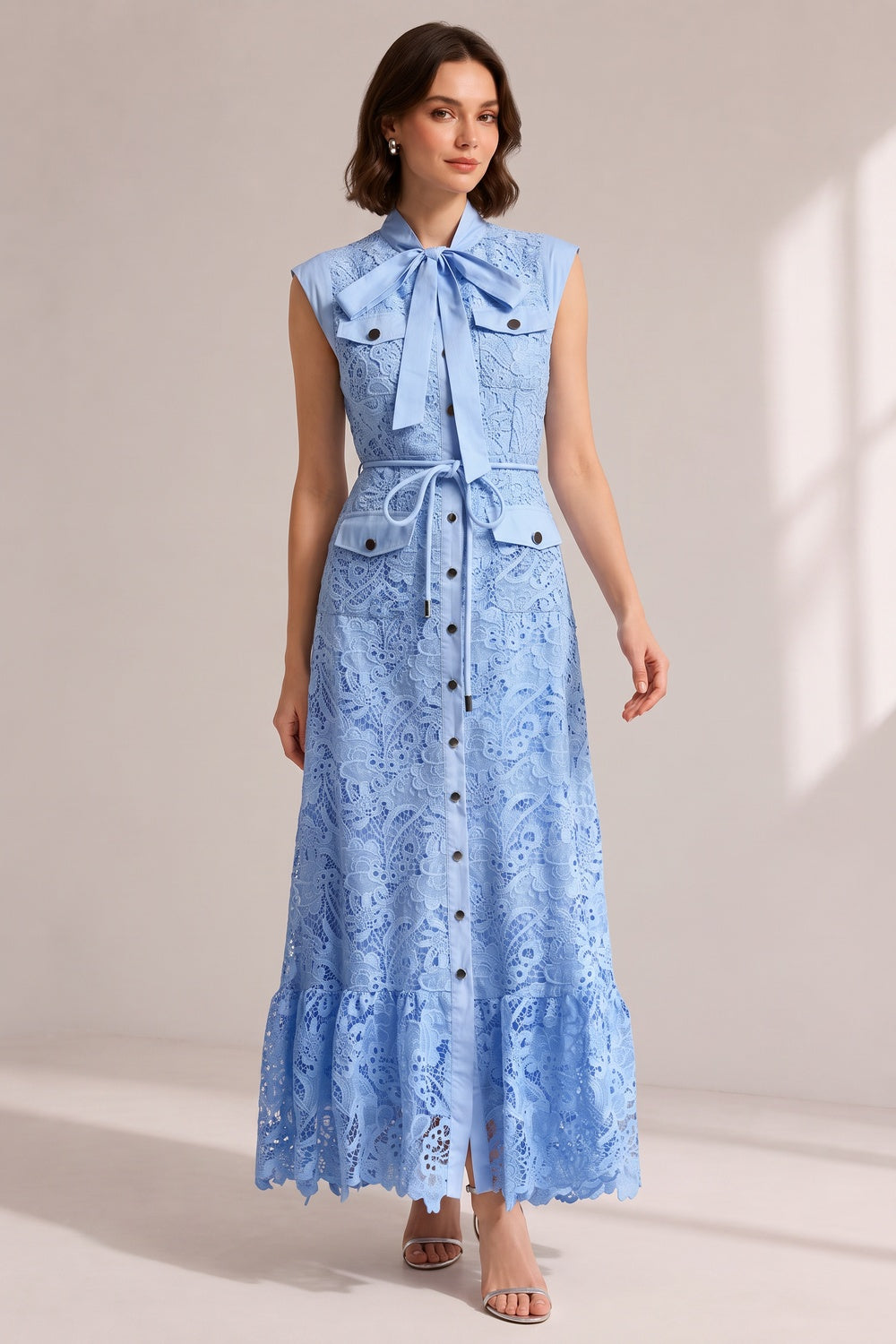Sky Blue Sleeveless Tie Neck Cargo Pocket Floral Lace Midi Shirt Dress - OWNCI Sky Blue Sleeveless Tie Neck Cargo Pocket Floral Lace Midi Shirt Dress - OWNCI