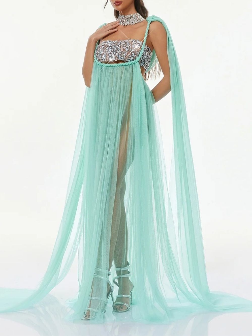 Gefen Cape Sleeve Crystal Tulle Dress Set - OWNCI Gefen Cape Sleeve Crystal Tulle Dress Set - OWNCI