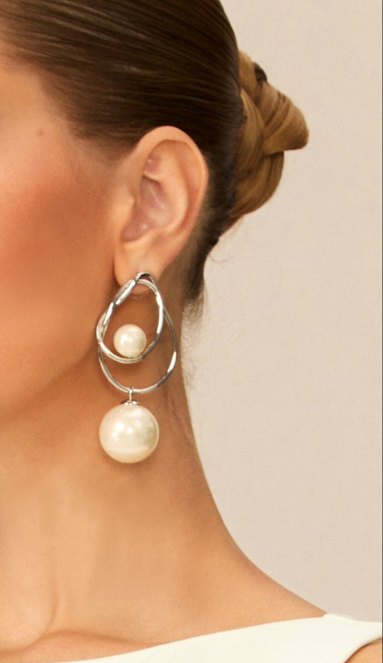 Double Irregular Twisted Hoop Two-Size Pearl Drop Silver Earrings - OWNCI