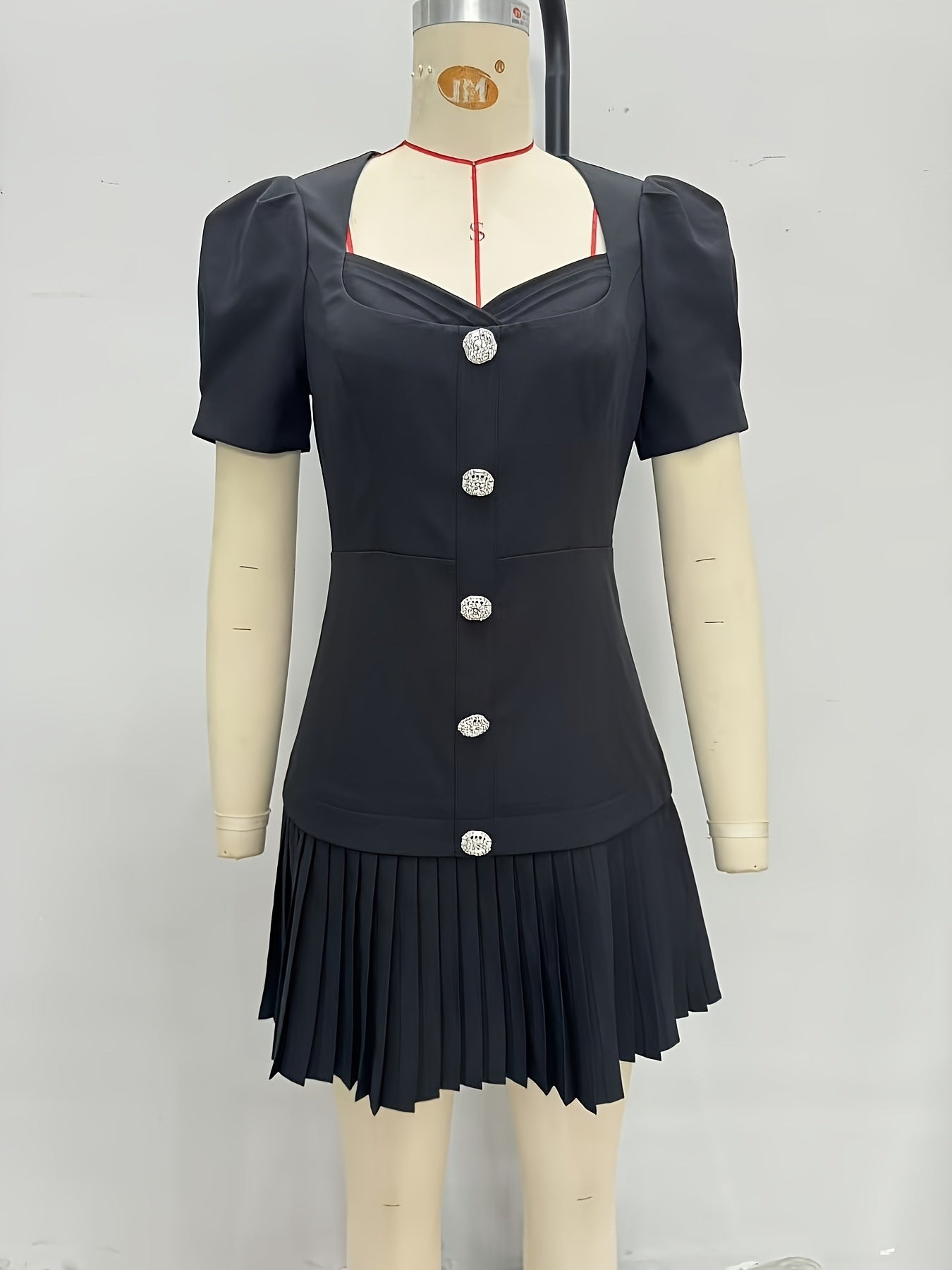 Black Sweetheart Square Neck Rhinestone Button Puff Sleeve Pleated Mini Dress - OWNCI