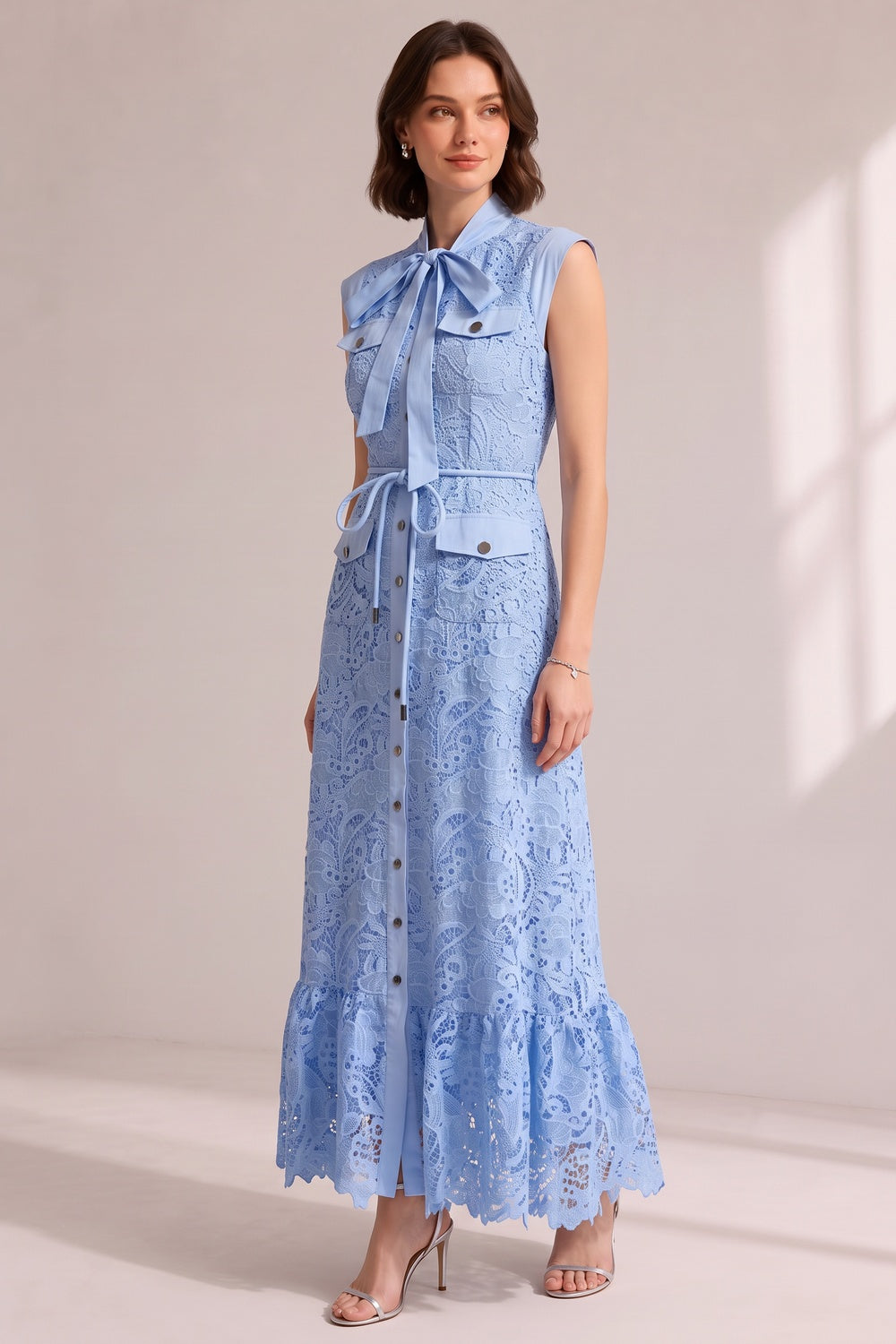 Sky Blue Sleeveless Tie Neck Cargo Pocket Floral Lace Midi Shirt Dress - OWNCI