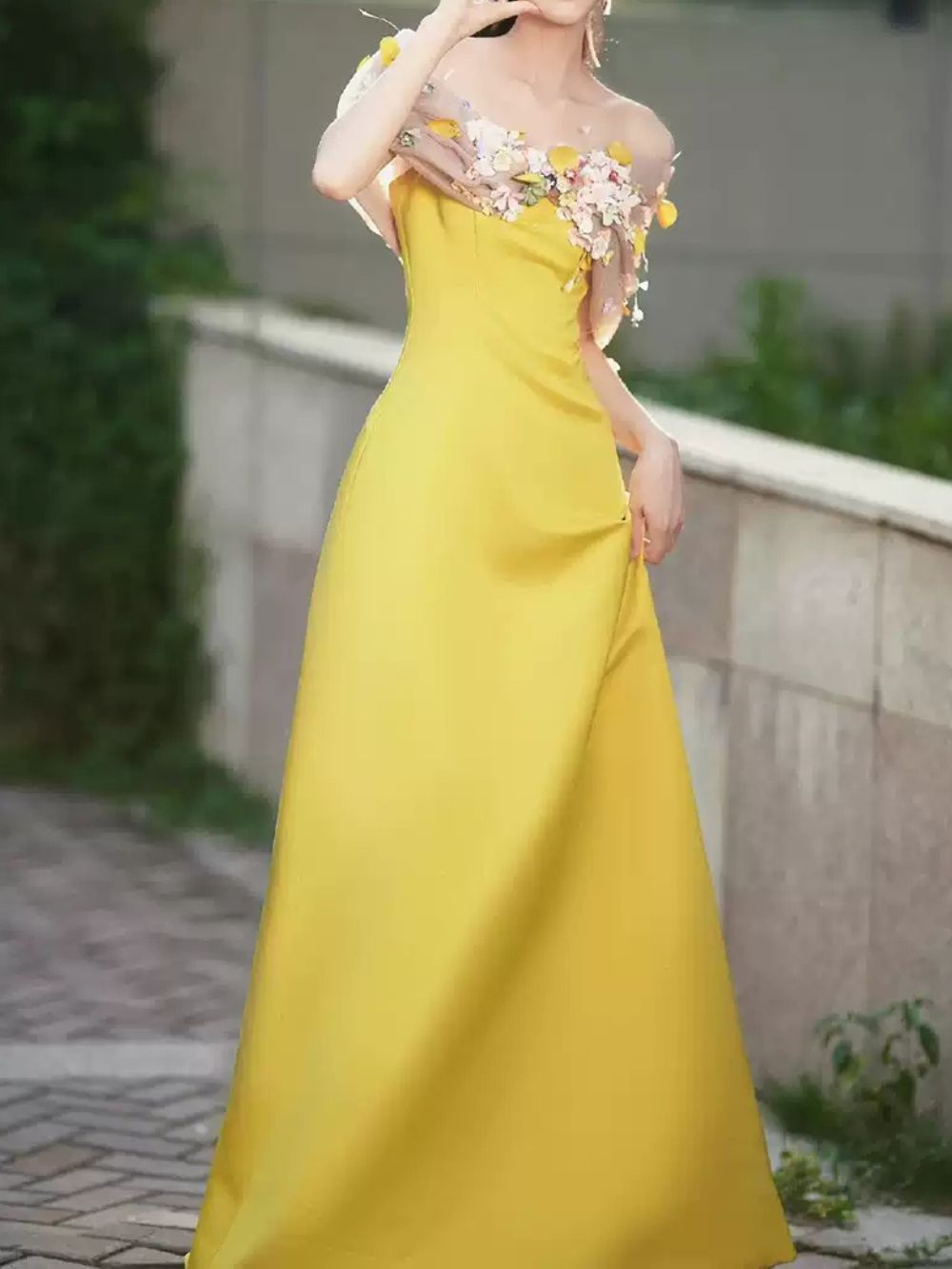 Bright Yellow Satin Strapless Maxi Gown With 3D Colorful Floral Tulle Bust - OWNCI Bright Yellow Satin Strapless Maxi Gown With 3D Colorful Floral Tulle Bust - OWNCI