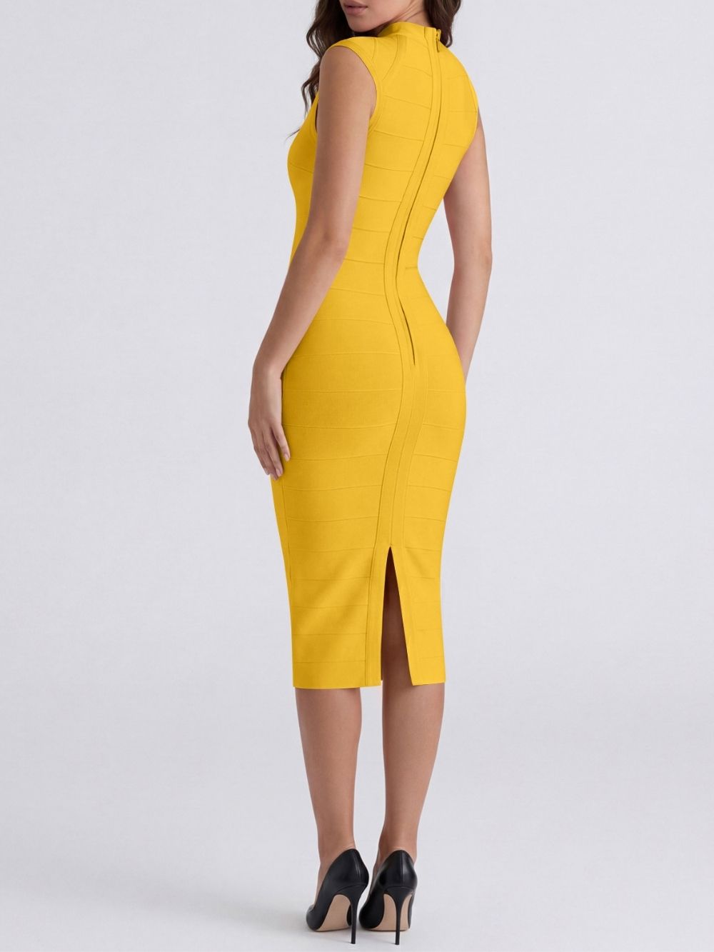 Marixa Yellow V-Neck Bandage Midi Dress - OWNCI Marixa Yellow V-Neck Bandage Midi Dress - OWNCI