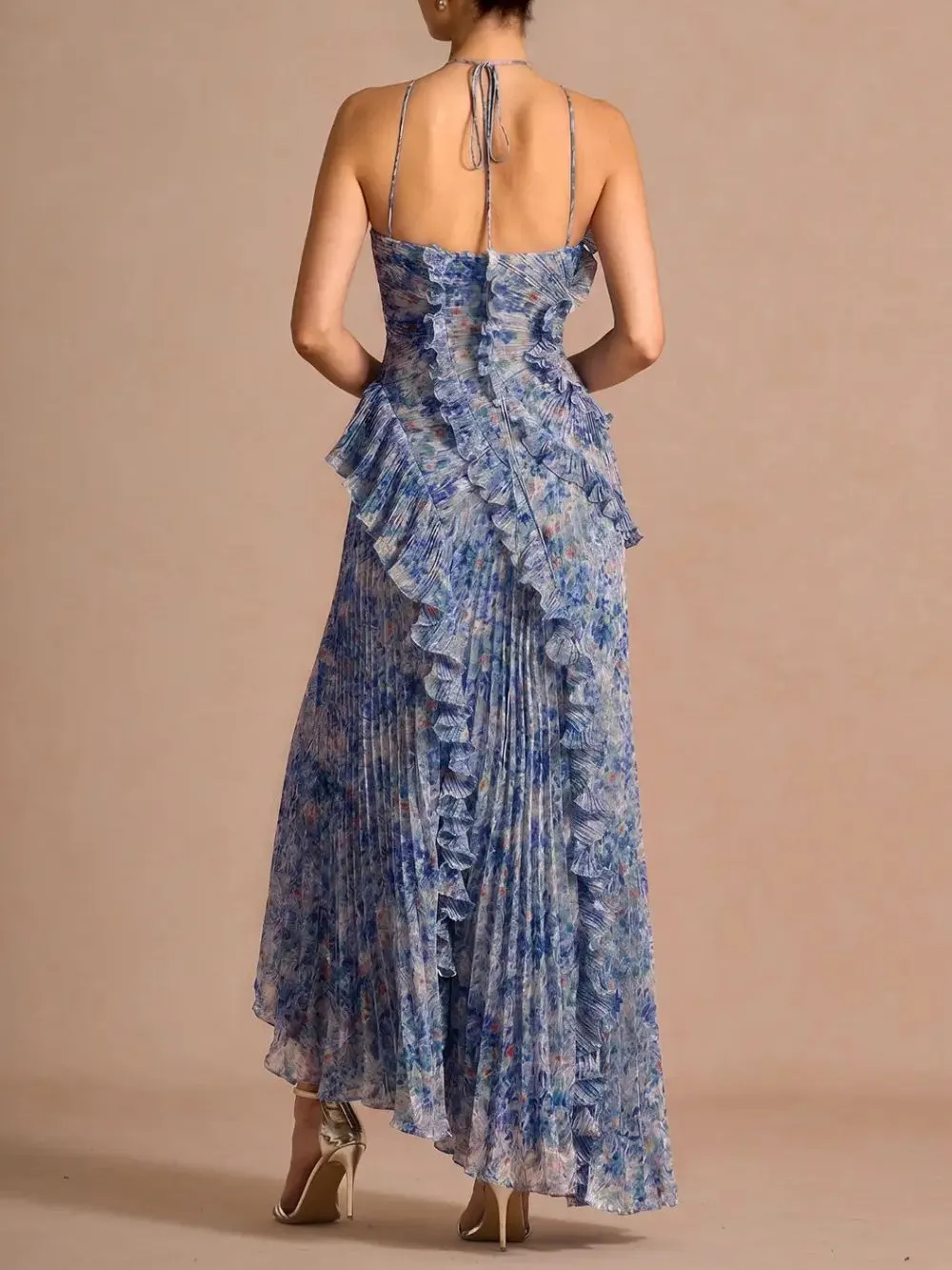 Finneas Purple Floral Halter Pleated Maxi Dress - OWNCI