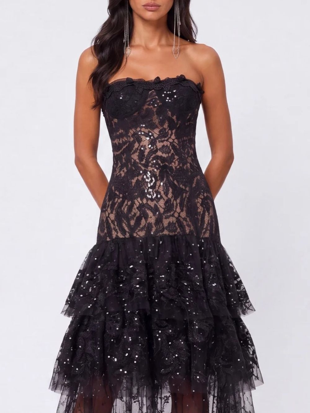 Brinovar Strapless Lace Tiered Maxi Dress - OWNCI Brinovar Strapless Lace Tiered Maxi Dress - OWNCI