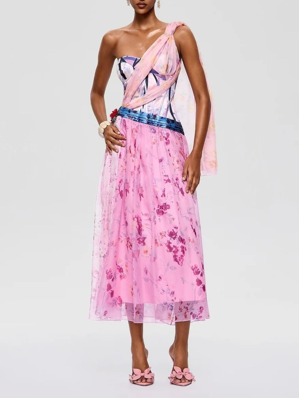 Morqen One Shoulder Floral Midi Dress