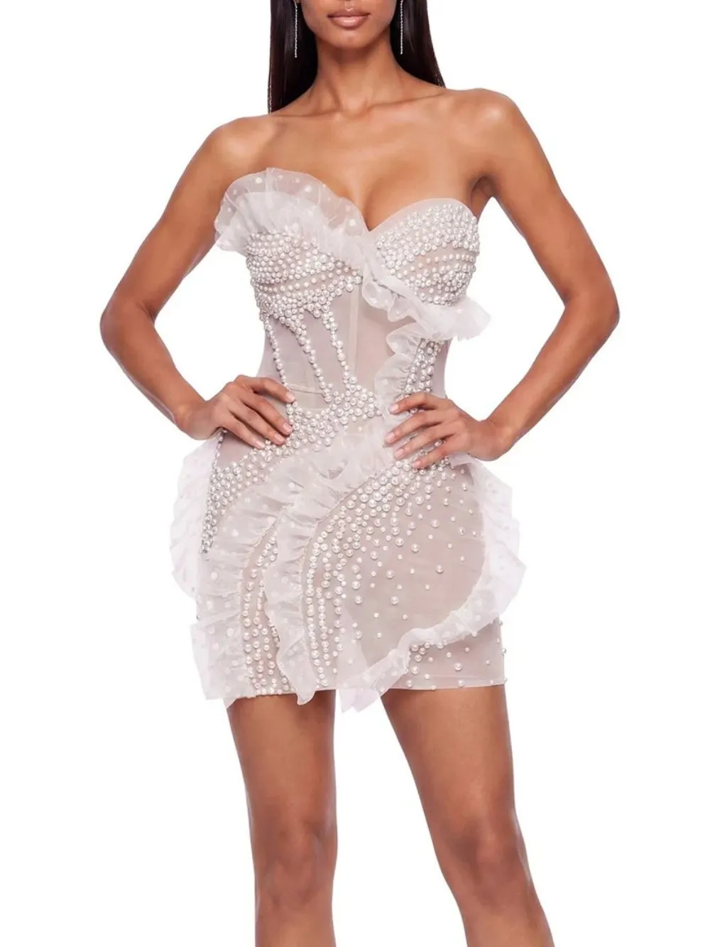 Tyrelune Strapless Pearl Mesh Mini Dress - OWNCI Tyrelune Strapless Pearl Mesh Mini Dress - OWNCI