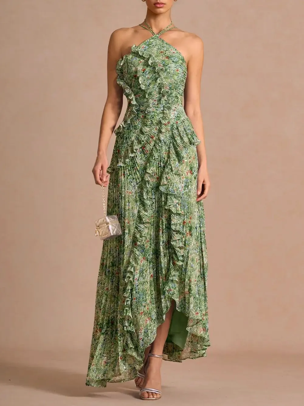 Finneas Green Floral Halter Pleated Maxi Dress - OWNCI Finneas Green Floral Halter Pleated Maxi Dress - OWNCI