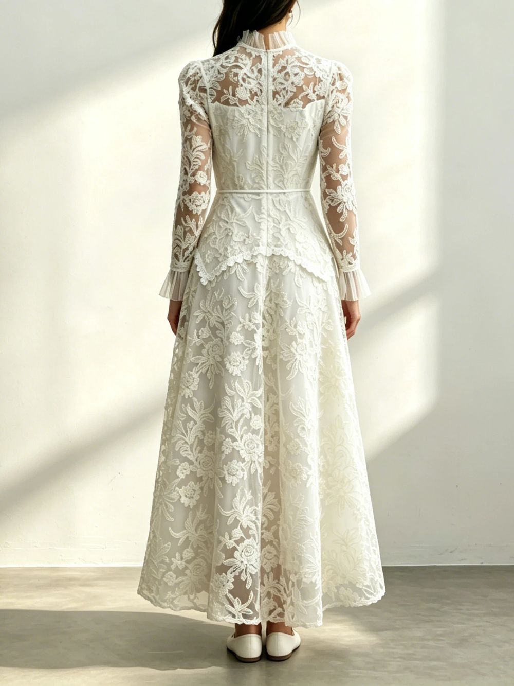 Cream Floral Lace Ruffle High Neck Long Sleeve Belted Maxi Dress - OWNCI