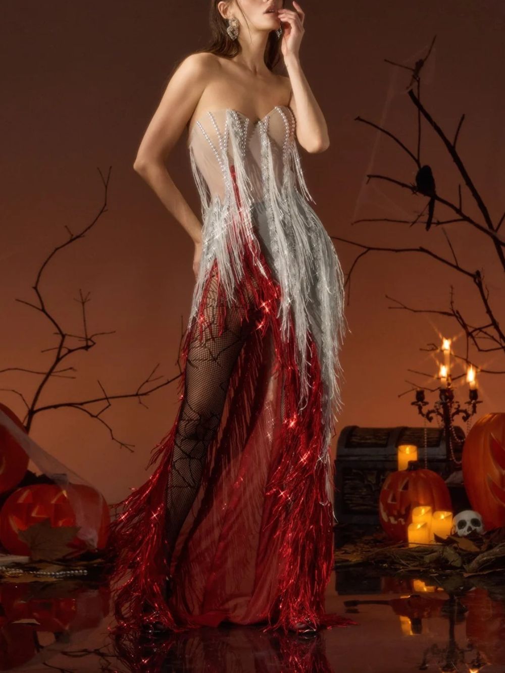 Ginerva Strapless Pearl Sequin Fringe Dress - OWNCI