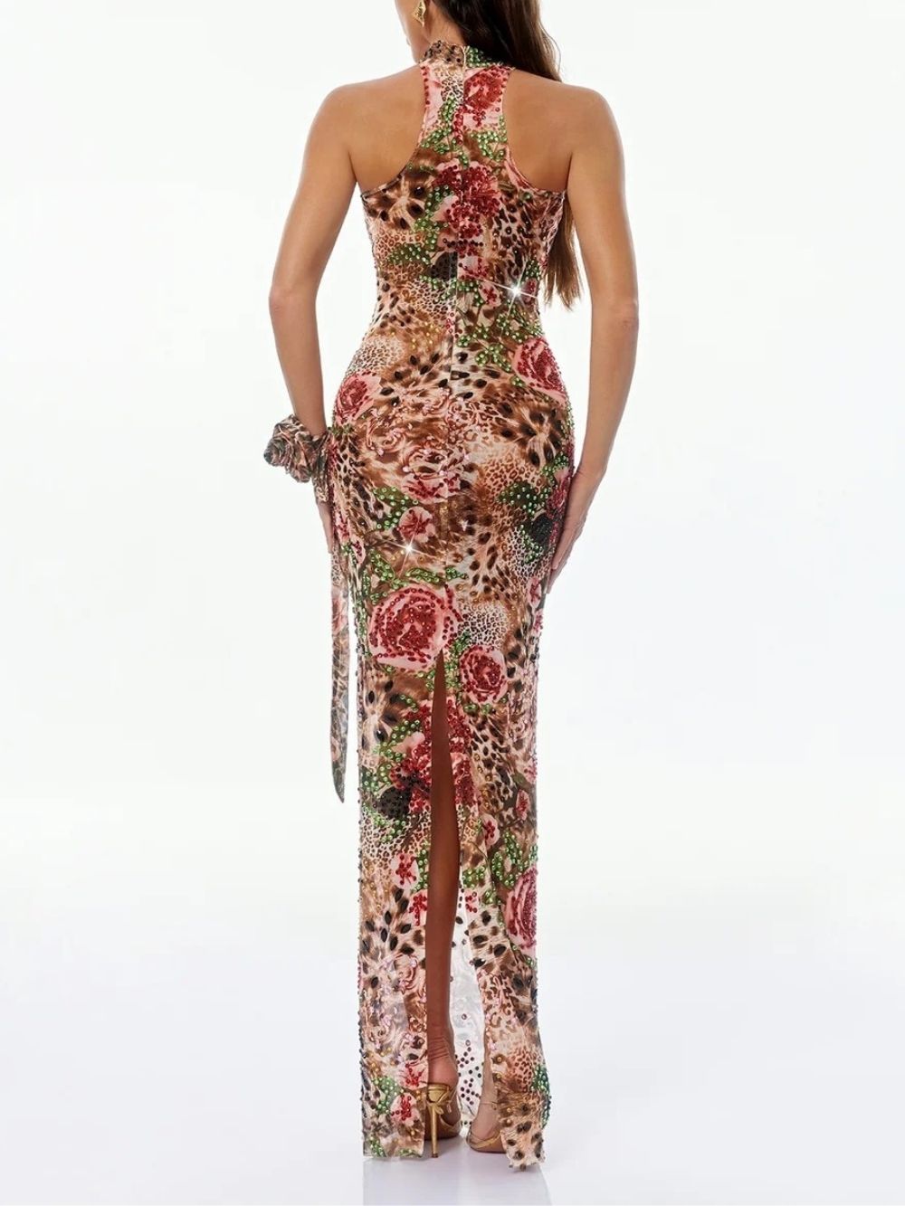 Gemala Halterneck Printed Rhinestone Dress - OWNCI
