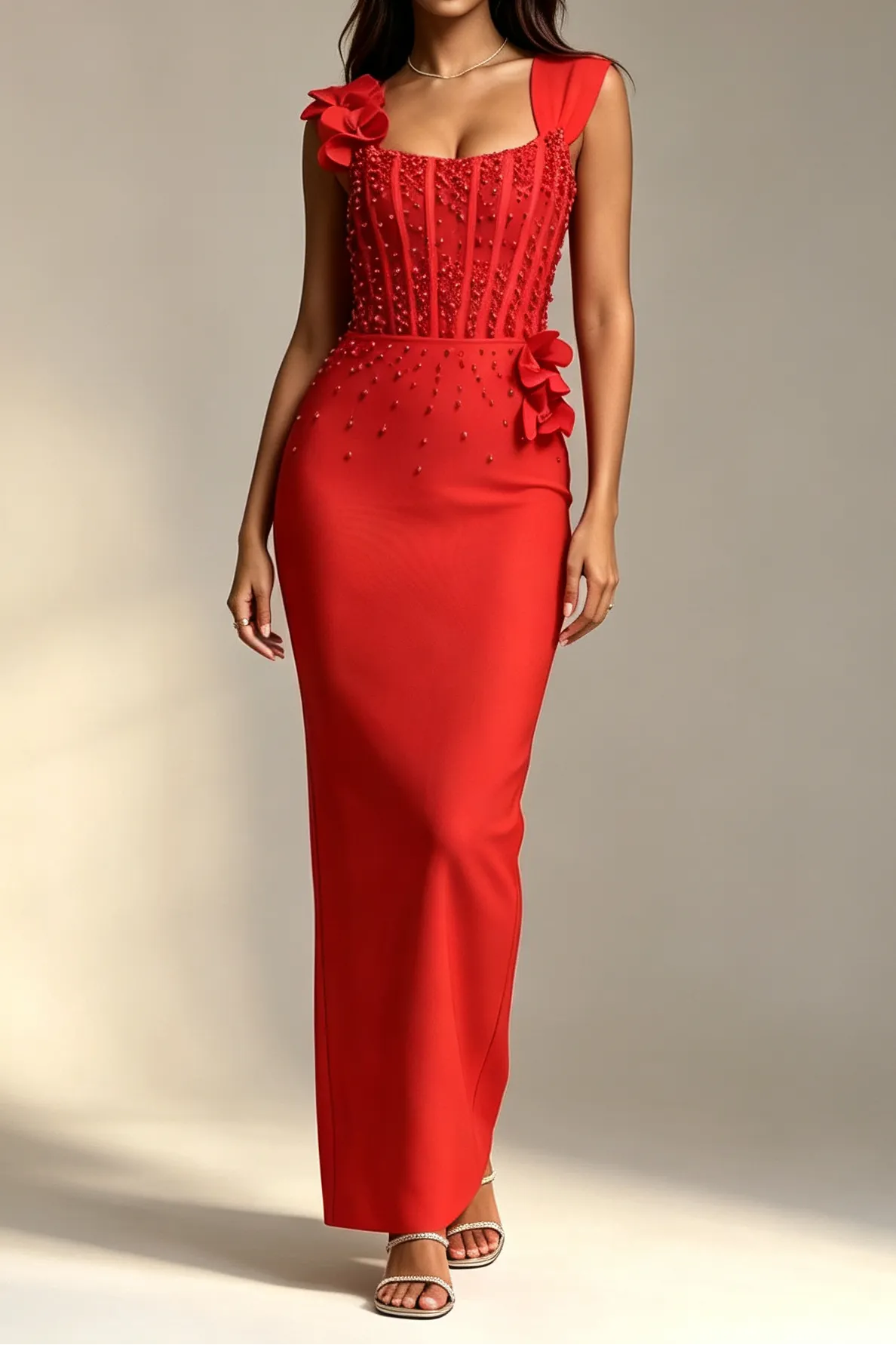 Red Square Neck Sleeveless Corset Beaded 3D Floral Bodycon Mermaid Maxi Dress - OWNCI Red Square Neck Sleeveless Corset Beaded 3D Floral Bodycon Mermaid Maxi Dress - OWNCI