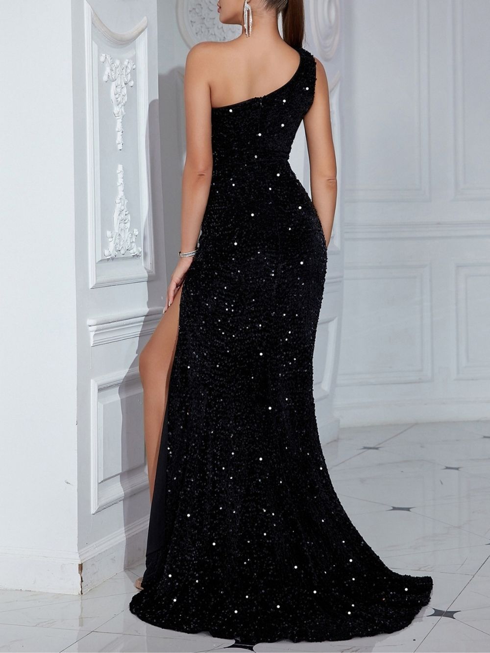 Marysol Black One-Shoulder Sequin Maxi Dress - OWNCI