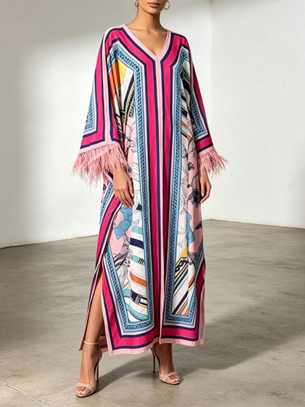 Marlie Printed Long Sleeve Feather Maxi Dress - OWNCI Marlie Printed Long Sleeve Feather Maxi Dress - OWNCI