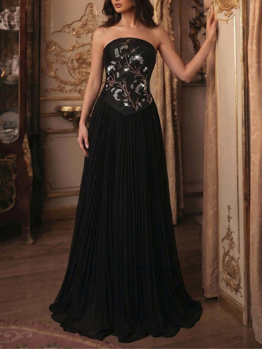 Marivel Black Strapless Diamante Top & Pleated Skirt - OWNCI Marivel Black Strapless Diamante Top & Pleated Skirt - OWNCI