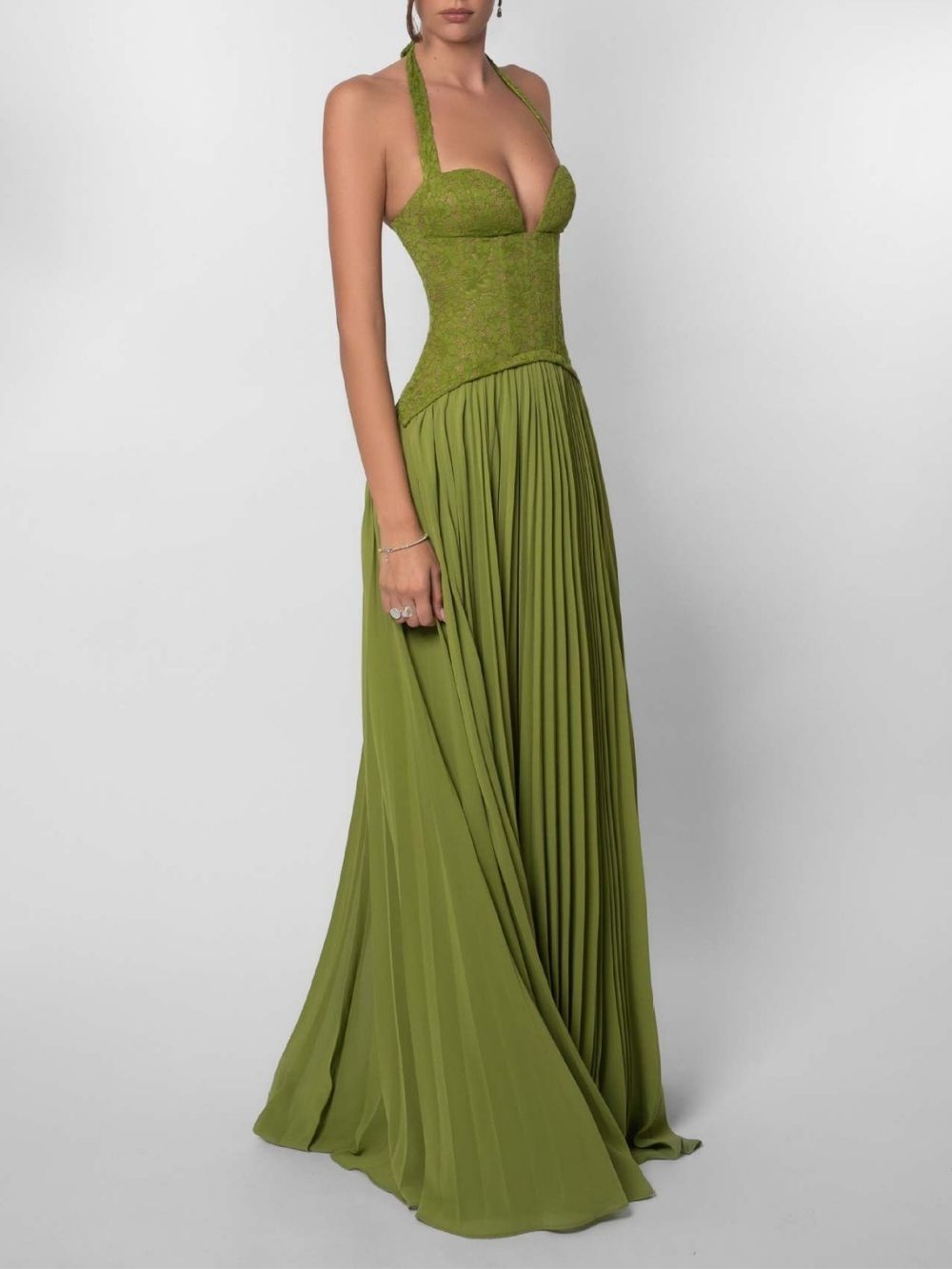 Marsali Green Halter Lace Pleated Maxi Dress - OWNCI Marsali Green Halter Lace Pleated Maxi Dress - OWNCI