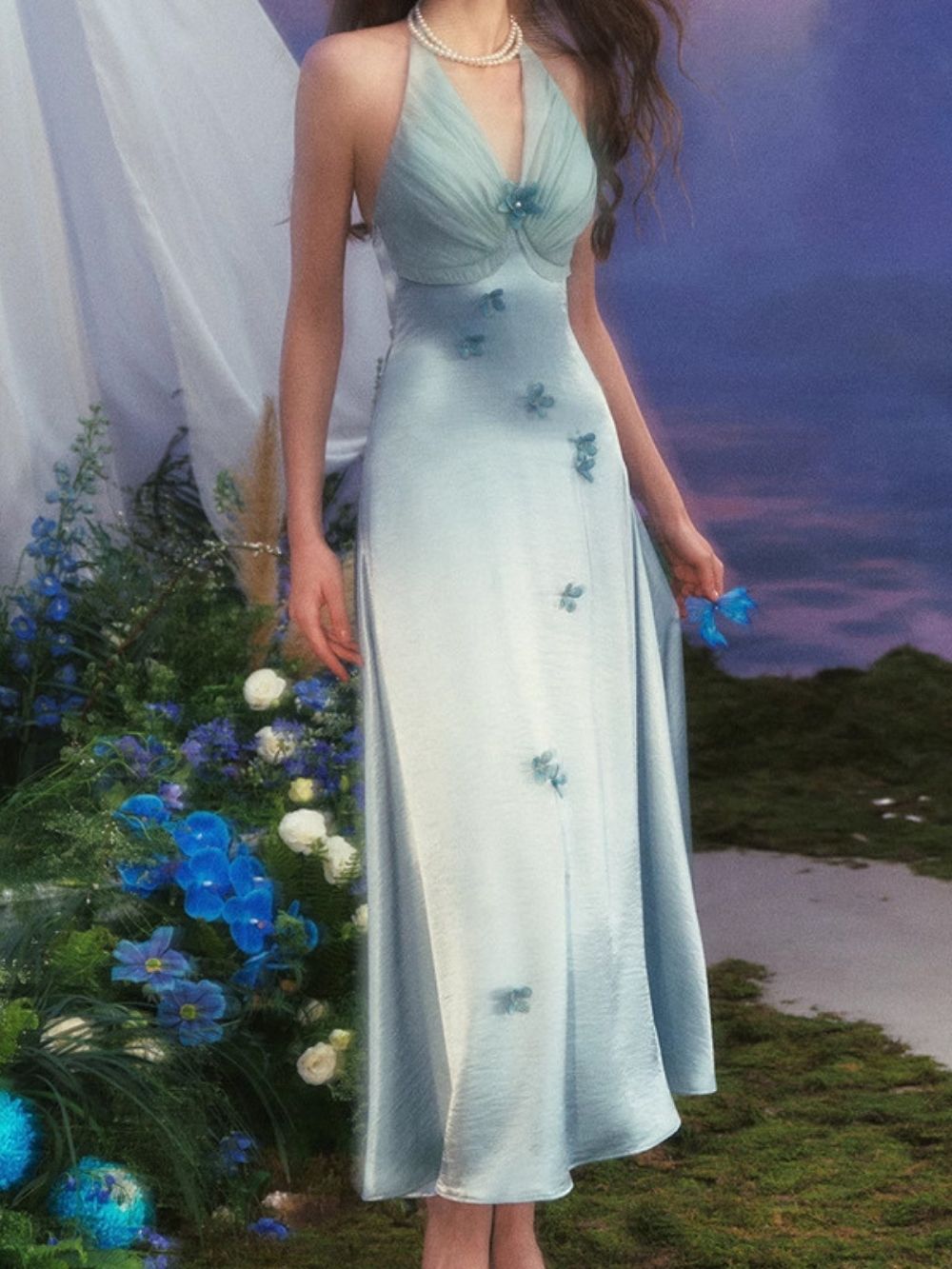 Malone Blue Satin Halter Flower Embellished Maxi Dress - OWNCI Malone Blue Satin Halter Flower Embellished Maxi Dress - OWNCI