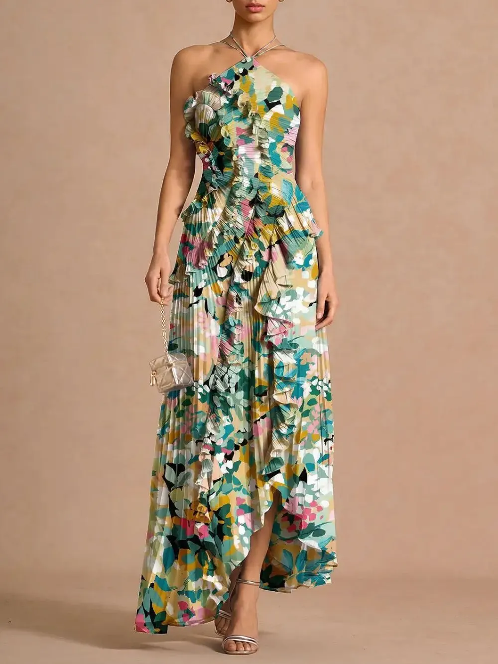Finneas Peppermint Green Halter Pleated Maxi Dress - OWNCI