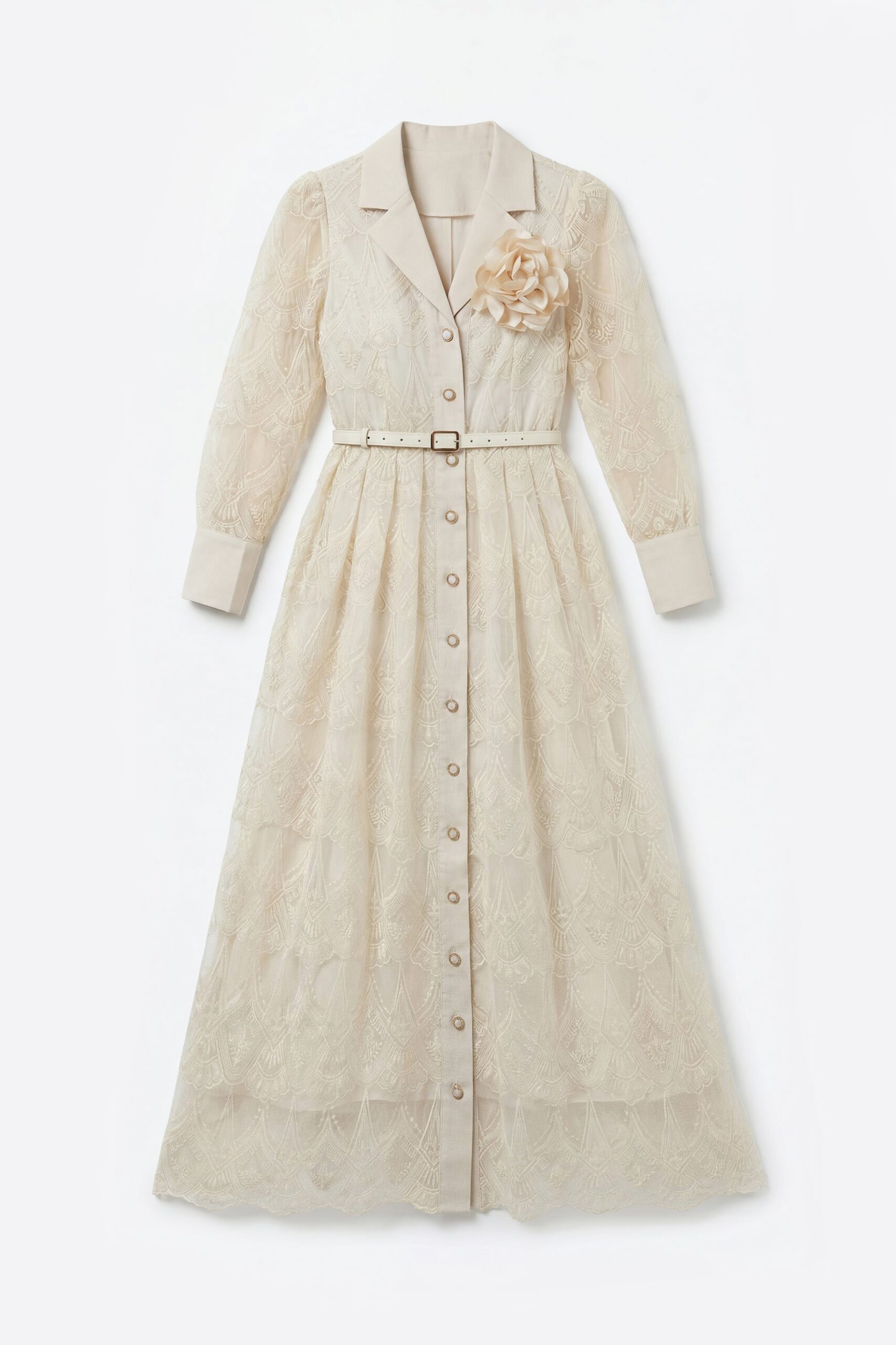 Cream Embroidery Lapel Long Sleeve Belted Midi Shirt Dress With 3D Rose Brooch - OWNCI Cream Embroidery Lapel Long Sleeve Belted Midi Shirt Dress With 3D Rose Brooch - OWNCI