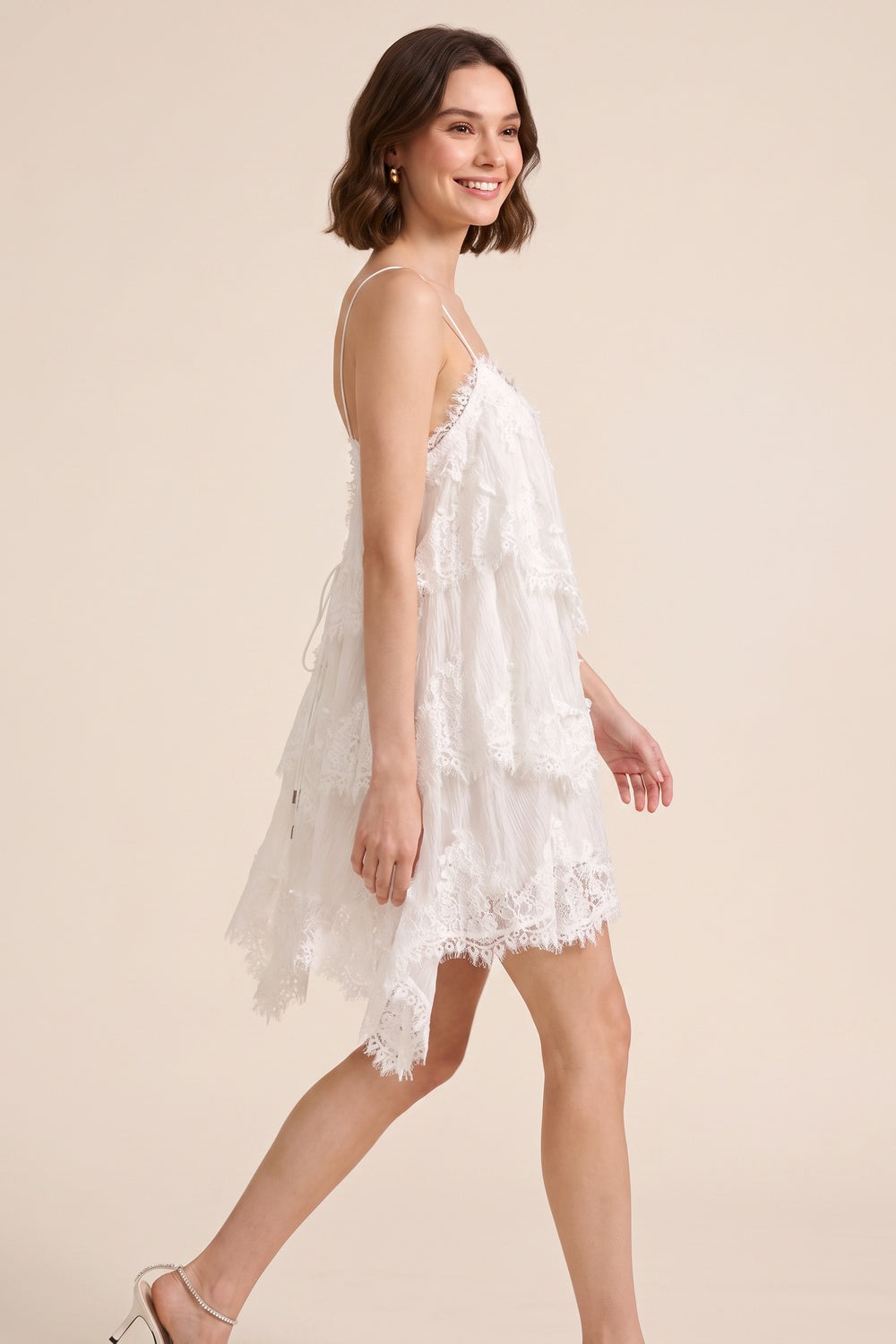 White Spaghetti Strap Multi-Tier Fringe Lace Asymmetric Mini Dress - OWNCI