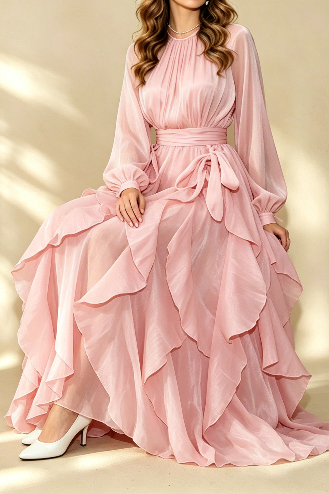 Champagne Shimmer Chiffon High Neck Tie Cuff Ruffled Maxi Gown - OWNCI Champagne Shimmer Chiffon High Neck Tie Cuff Ruffled Maxi Gown - OWNCI