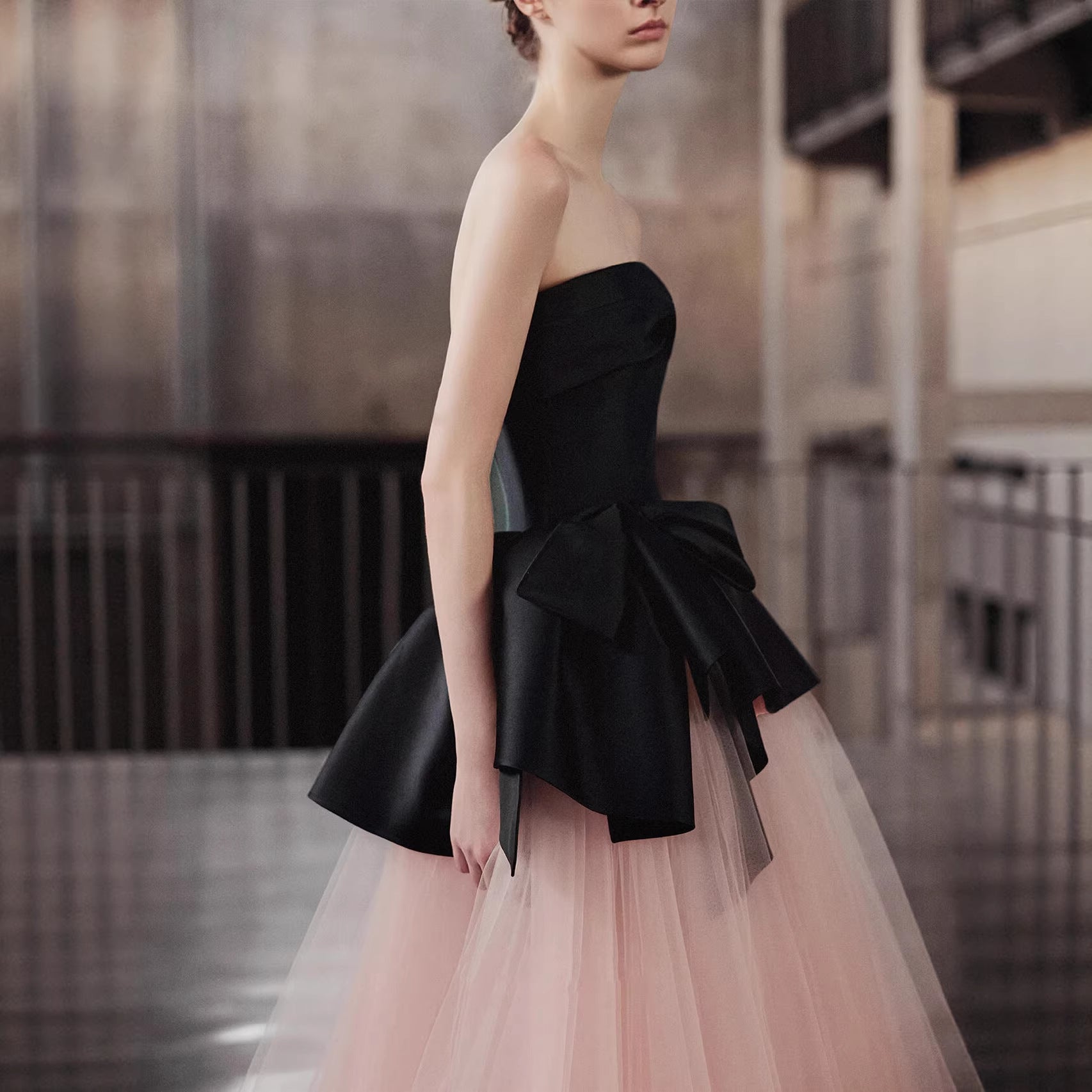 Strapless Satin Big Bow Contrast Pink Tulle Ball Gown - OWNCI Strapless Satin Big Bow Contrast Pink Tulle Ball Gown - OWNCI