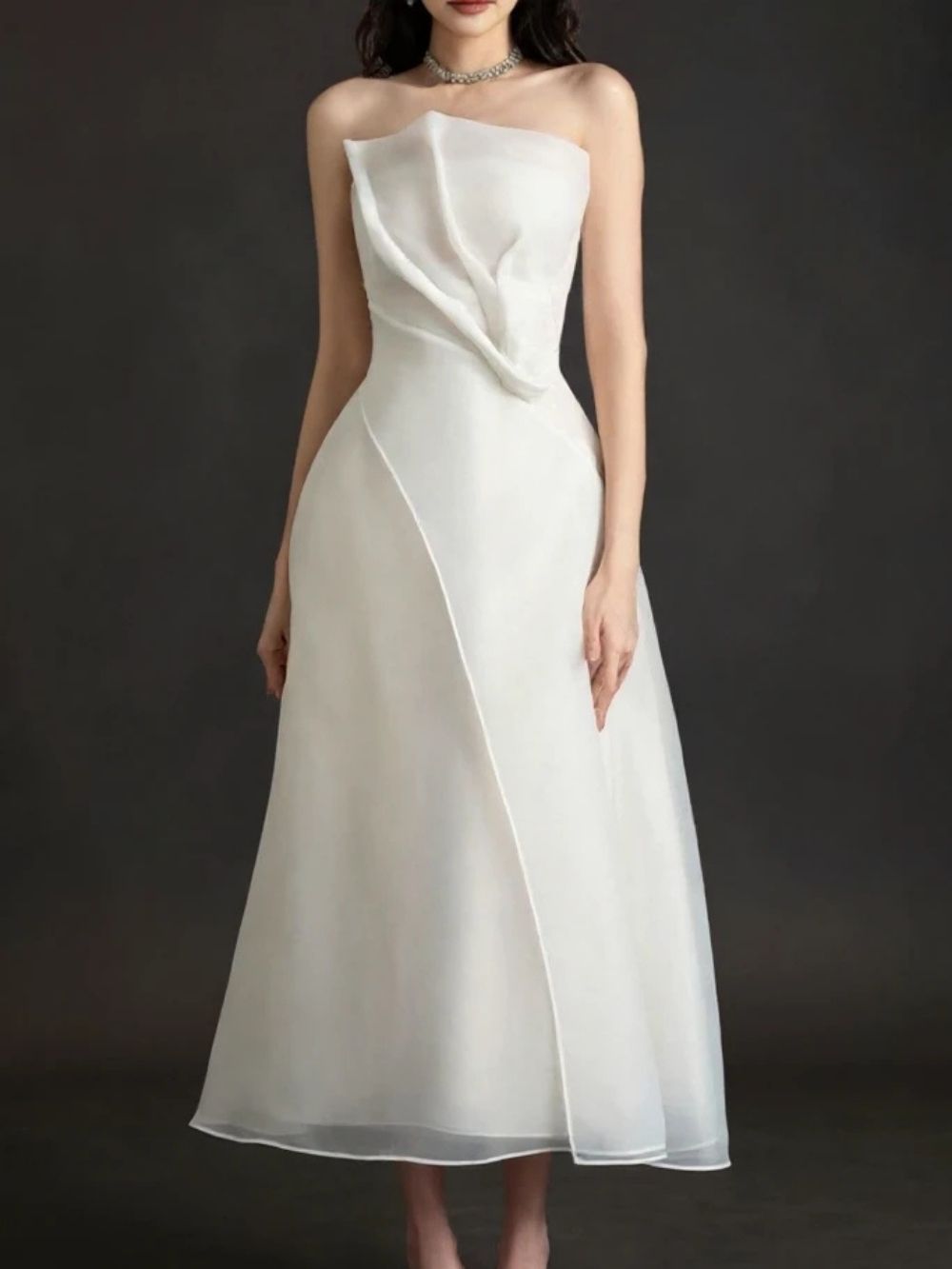 e4c054f5d75eb6ff33ada9820ed07102 Strapless Layered Organza Midi Dress In White