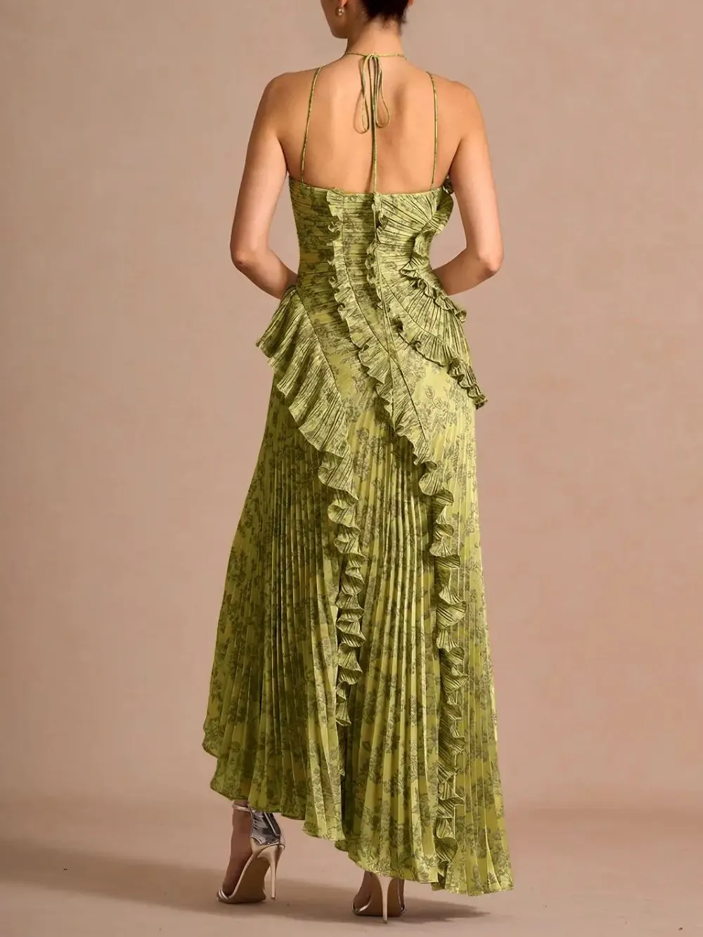Finneas Olive Green Halter Pleated Maxi Dress - OWNCI