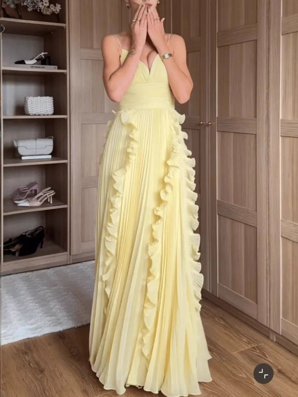 Marvene Spaghetti V-Neck Ruffle Pleated Maxi Dress - OWNCI
