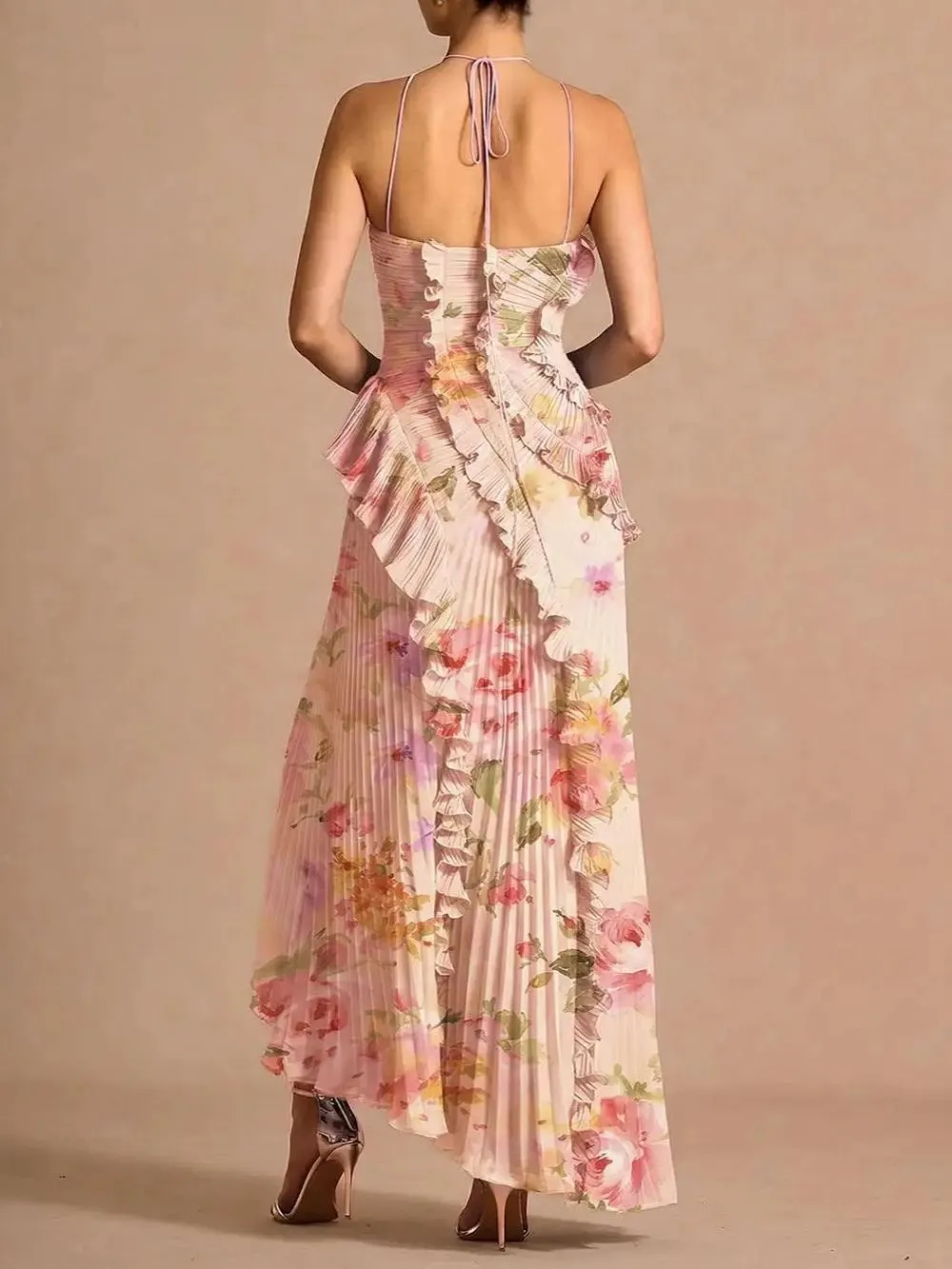 Finneas Pink Floral Halter Pleated Maxi Dress - OWNCI