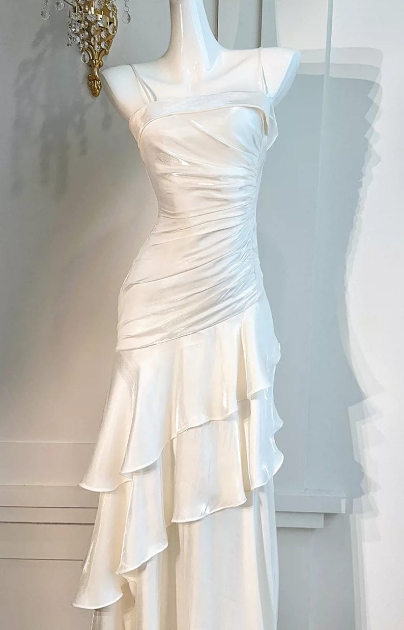 Side Ruched Tiered Ruffle Satin Spaghetti Strap Maxi Dress - OWNCI