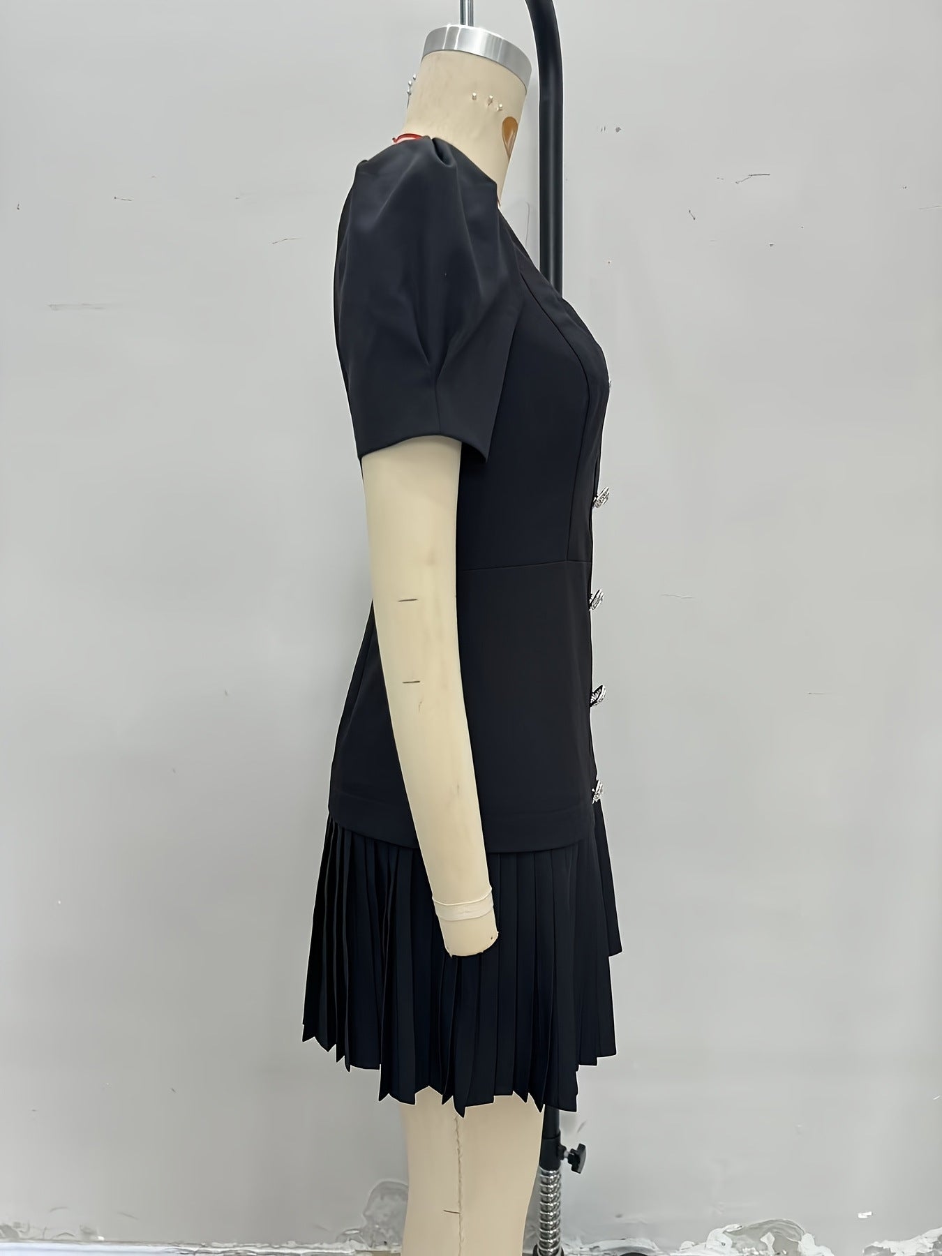 Black Sweetheart Square Neck Rhinestone Button Puff Sleeve Pleated Mini Dress - OWNCI