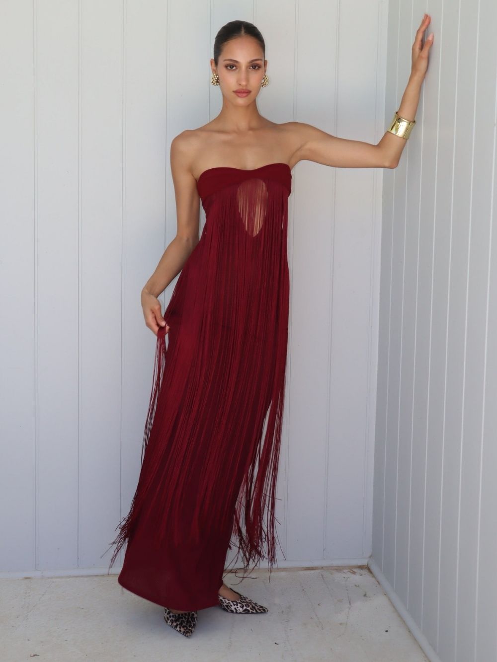 Maritta Wine Strapless Tassel Maxi Dress - OWNCI
