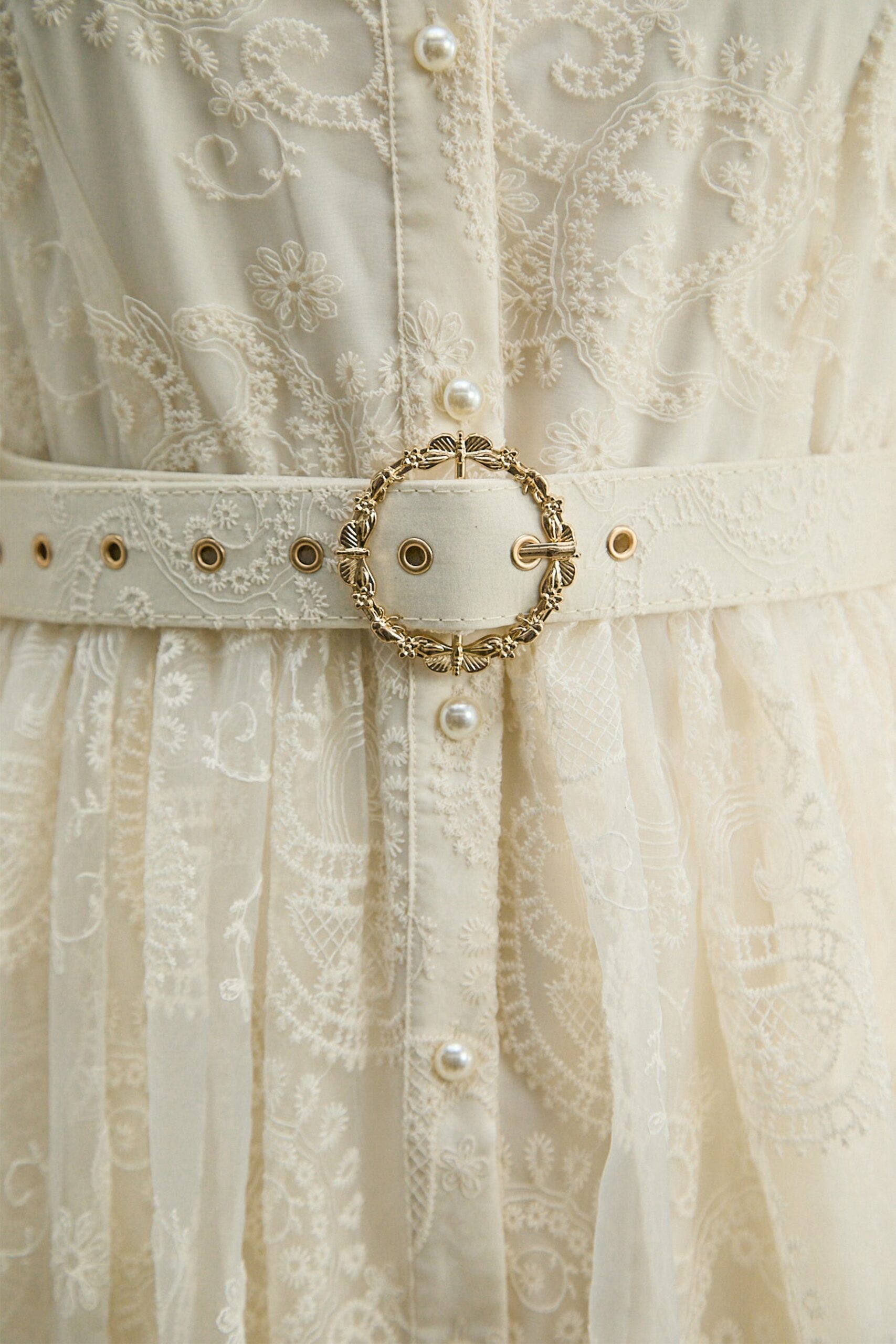 Cream Embroidery Lace Stand Collar Bell Sleeve Belted Midi Shirt Dress - OWNCI Cream Embroidery Lace Stand Collar Bell Sleeve Belted Midi Shirt Dress - OWNCI