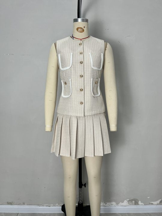 Cream Tweed Round Neck Sleeveless Contrast Trim Vest & Pleated Mini Skirt Two-Piece Set - OWNCI Cream Tweed Round Neck Sleeveless Contrast Trim Vest & Pleated Mini Skirt Two-Piece Set - OWNCI