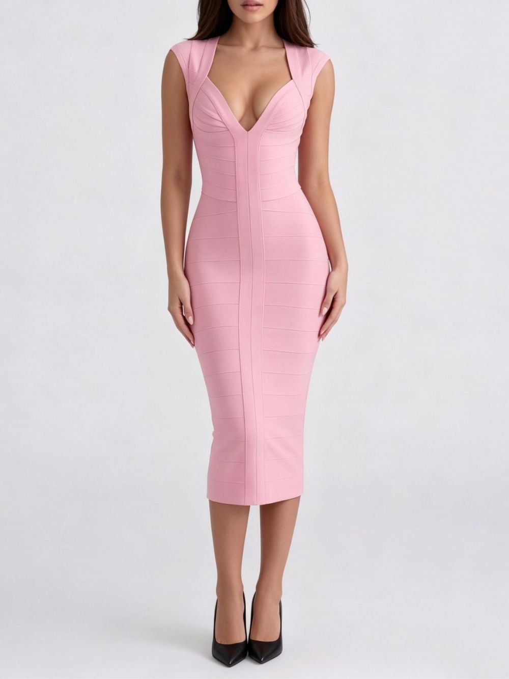 Marixa Pink V-Neck Bandage Midi Dress - OWNCI Marixa Pink V-Neck Bandage Midi Dress - OWNCI