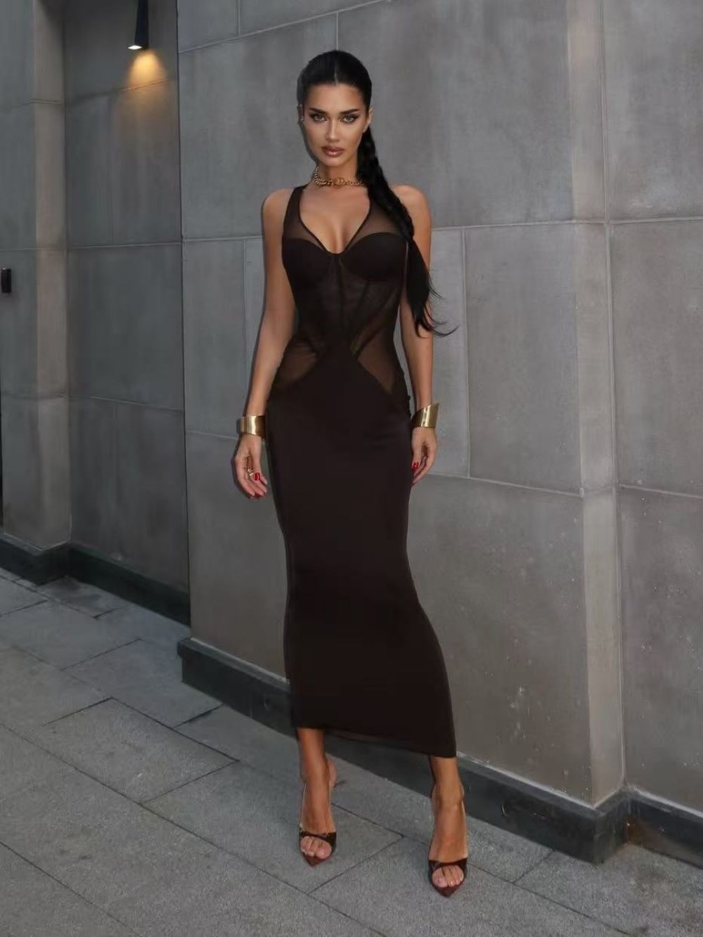 Mars Brown Corset Mesh Midi Dress - OWNCI Mars Brown Corset Mesh Midi Dress - OWNCI