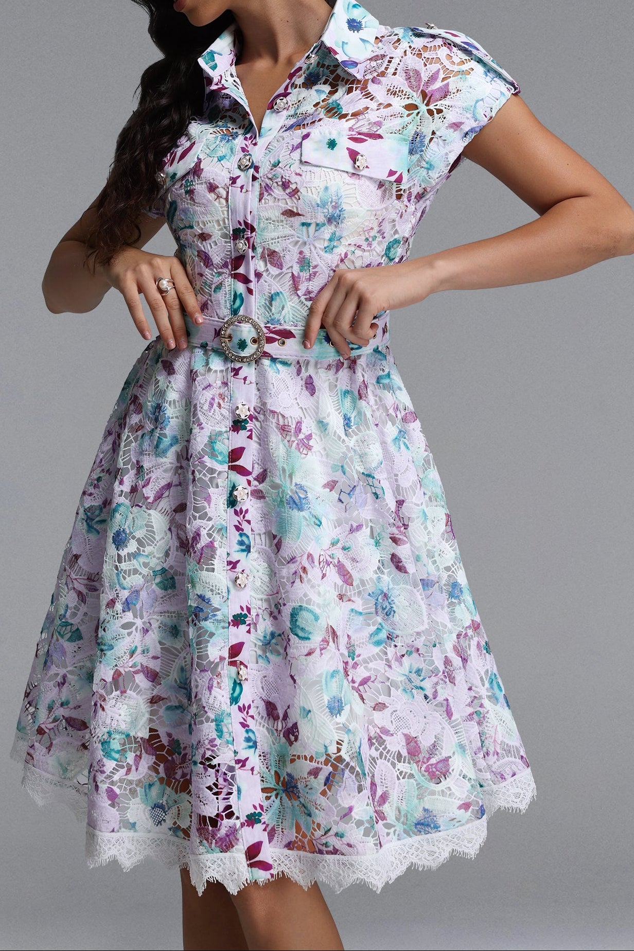 Pastel Floral Lace Collared Fit & Flare Midi Dress with Belt - OWNCI Pastel Floral Lace Collared Fit & Flare Midi Dress with Belt - OWNCI