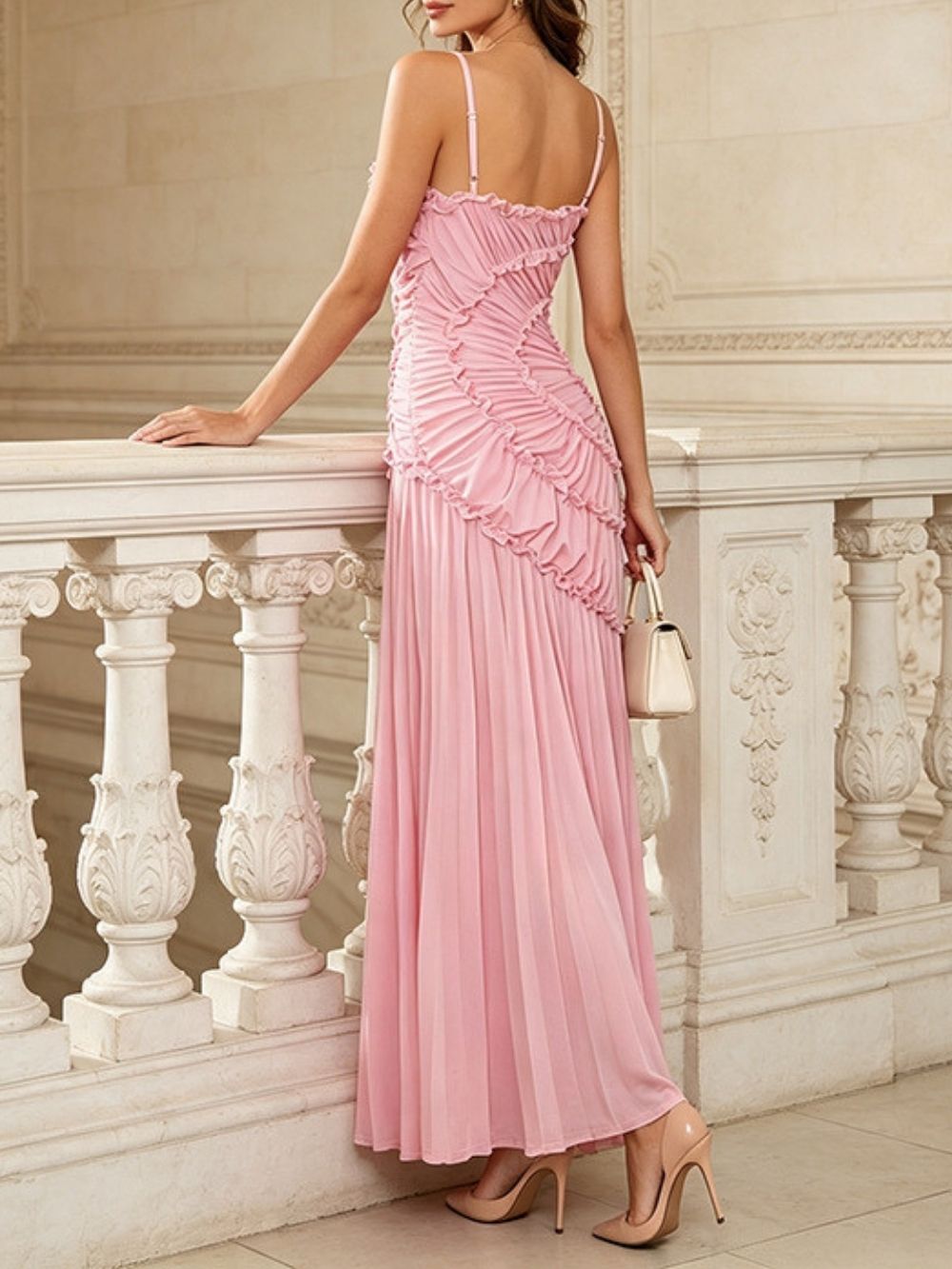 Marjani Pink Spaghetti Ruched Maxi Dress - OWNCI
