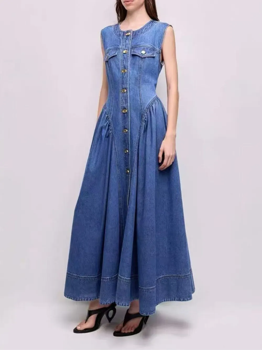 Mamo Blue Sleeveless Denim Maxi Dress