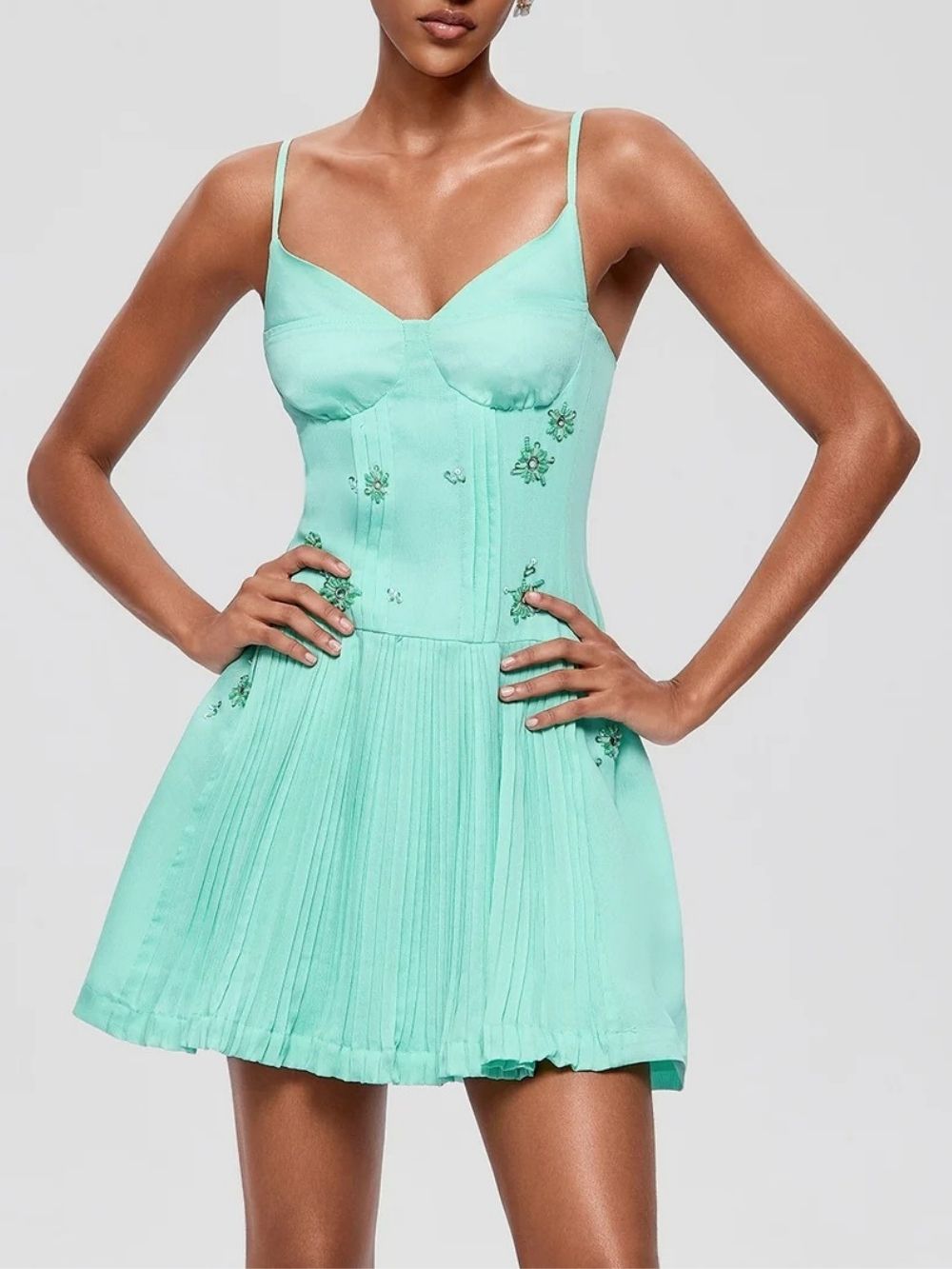 eeb16dbcf6f1470c9937d97b8ec1f038 Gabby Spaghetti Pleated Mini Dress