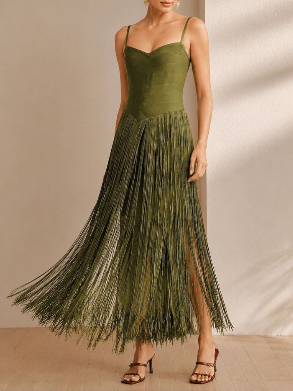 Manette Green Spaghetti Tassel Maxi Dress - OWNCI